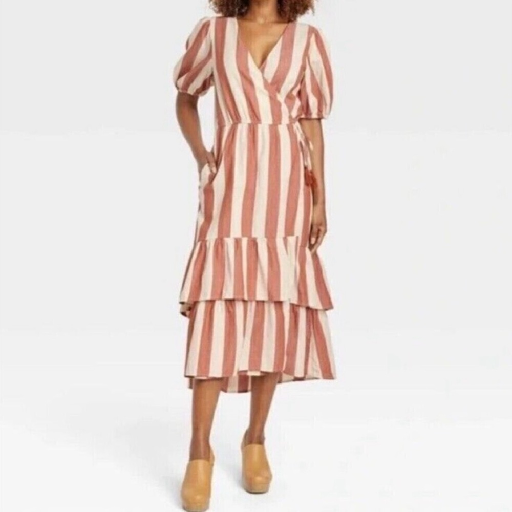 Knox Rose Women’s Striped V-Neck Wrap Tiered Dress size S